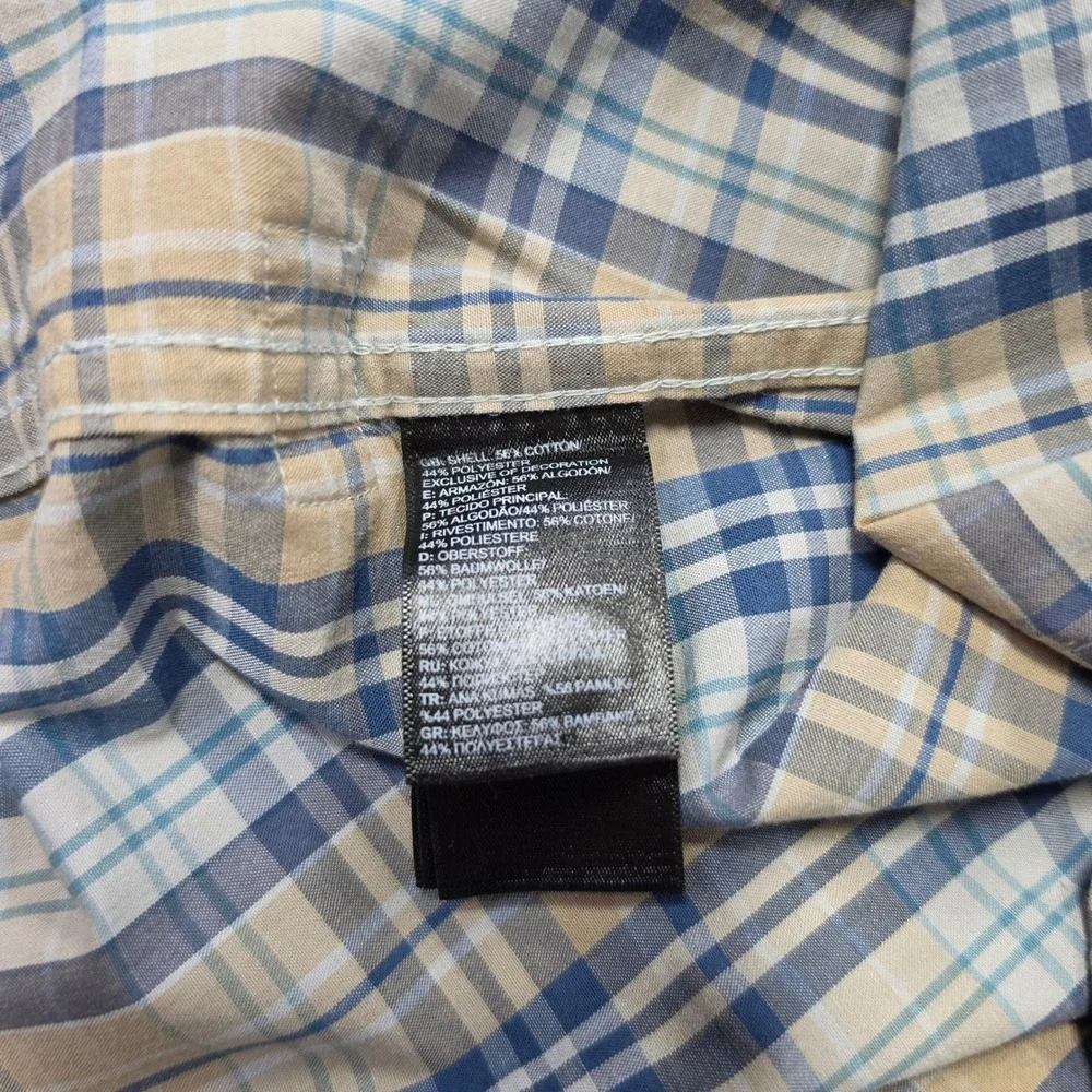 The North Face Button Up Shirt Mens L Blue‎ Tan Excellent Plaid Short Sleeve